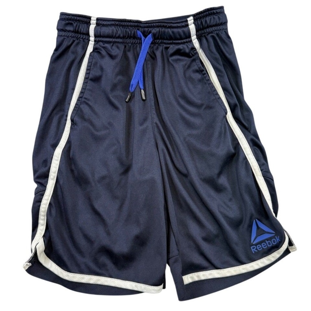 Reebok Boys Navy Blue Athletic Mesh Shorts Size L 10/12 White Piping Drawstring